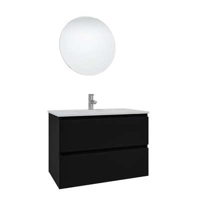 Saniclass Chaci Meuble de salle de bain - 80x46x55cm - lavabo en céramique blanc - 1 vasque - 1 trou de robinet - 2 tiroirs - ronde miroir avec éclairage - noir mat