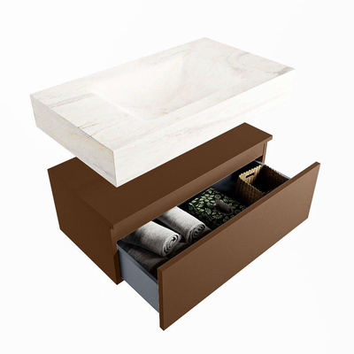 Mondiaz ALAN-DLUX Ensemble de meuble - 80cm - meuble Rust mat - 1 tiroir - Lavabo Cloud Ostra suspendu - vasque Centre - 1 trou de robinet
