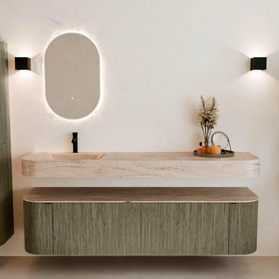 MONDIAZ THOR-DLUX 180cm meuble de salle de bains arrondi gauche + droite couleur Shadow avec 2 tiroirs et 2 portes. Vasque suspendue CLOUD gauche 1 trou de robinet couleur Saba.