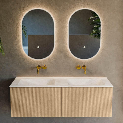 MONDIAZ KURVE-DLUX 130cm badmeubel kleur Oak met 2 lades. Wastafel LEAF dubbel zonder kraangat kleur Frappe.