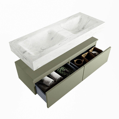 Mondiaz ALAN-DLUX Ensemble de meuble - 120cm - meuble Army mat - 2 tiroirs - Lavabo Cloud Opalo suspendu - vasque Gauche et droite - 2 trous de robinet