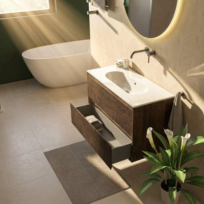 Saniclass Holz Atelier Ensemble meuble de salle de bains - 100x45x73.9cm - Lavabo en céramique Chaci blanc - 1 vasque - sans trou de robinetterie - 2 tiroirs - chêne charcoal mat (bois)
