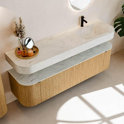 MONDIAZ THOR-DLUX Meuble de salle de bains 170cm arrondi gauche + droite couleur Oak avec 1 tiroir et 2 portes. Vasque suspendue CLOUD Droite 1 trou de robinet couleur Opalo.