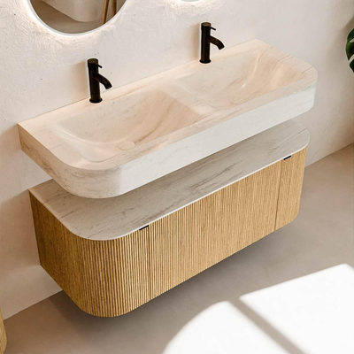 MONDIAZ THOR-DLUX 120cm meuble de salle de bains arrondi gauche + droite couleur Oak avec 1 tiroir et 2 portes. Vasque suspendue CLOUD Double 2 trous de robinet couleur Meli.