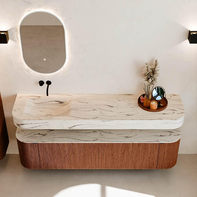 MONDIAZ THOR-DLUX 180cm meuble de salle de bains arrondi gauche + droite couleur Ruby avec 2 tiroirs et 2 portes. Vasque suspendue CLOUD Gauche sans trou de robinet couleur Nata.