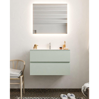 MONDIAZ VICA Ensemble de meuble salle de bain - 80cm - 2 tiroirs - lavabo Moon central - 1 trou de robinet - solid surface gris