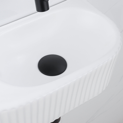 QeramiQ Fuente Ensemble de Lavabo - 40x21.5x12cm - strié - demi-rond - céramique - ensemble de robinet noir mat - bouchon de vidange - siphon abaissé - blanc mat