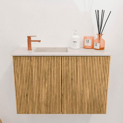 Mondiaz JOYA-DLUX 60cm toiletmeubel - kleur Oak - Wastafel FAYE positie Links 1 kraangat kleur Meli.