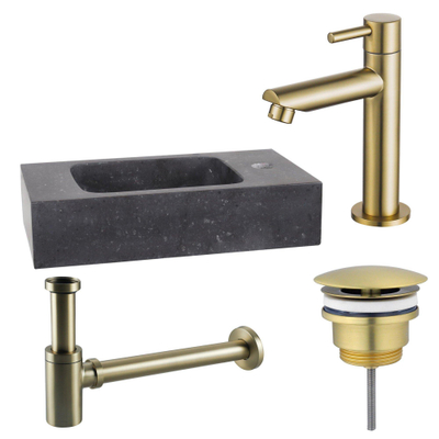Fortifura Fuente pack lave-mains – rectangulaire – 40 x 22 x 9 cm – pierre naturelle noire – robinet doré mat