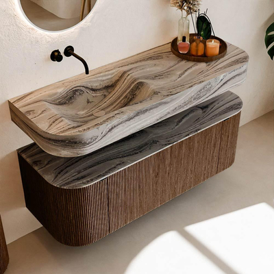 MONDIAZ THOR-DLUX 130cm badmeubel ronding links + rechts kleur Walnut met 1 lade en 2 deuren. Vrijhangende wastafel CLOUD Links zonder kraangat kleur Sombra.
