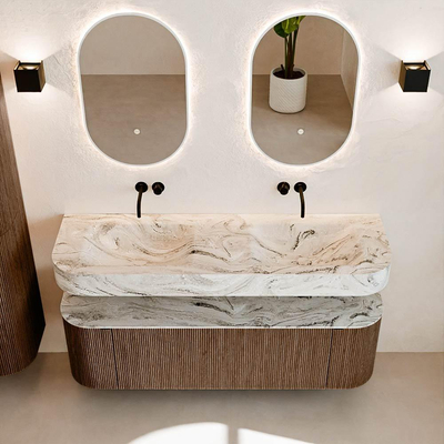 MONDIAZ THOR-DLUX 150cm badmeubel ronding links + rechts kleur Walnut met 1 lade en 2 deuren. Vrijhangende wastafel CLOUD Dubbel zonder kraangat kleur Glace.