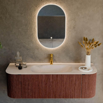 MONDIAZ KURVE-DLUX Meuble de salle de bains 140cm arrondi Gauche + Droite couleur Ruby avec 1 tiroir et 2 portes. Lavabo BIG SMALL Central 1 trou de robinet Meli.
