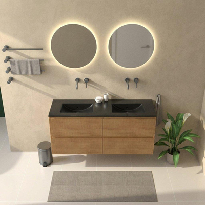 Saniclass Holz Atelier Ensemble de meubles de salle de bains - 140x45x62cm - lavabo Vygo en céramique noir - 2 vasques - sans trous de robinetterie - 4 tiroirs - chêne naturel mat (bois)