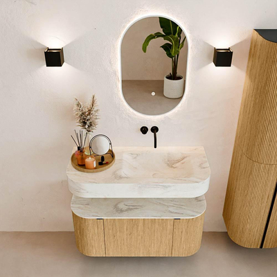 MONDIAZ THOR-DLUX 100cm badmeubel ronding links + rechts kleur Oak met 1 lade en 2 deuren. Vrijhangende wastafel CLOUD Rechts zonder kraangat kleur Ostra.