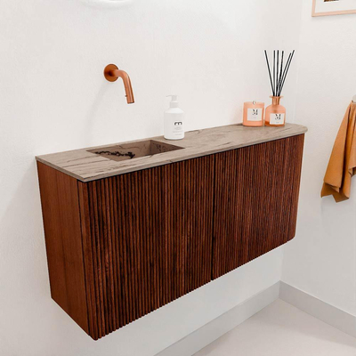 Mondiaz JOYA-DLUX 91.6cm toiletmeubel - ronding rechts kleur Ruby - Wastafel FAYE positie Links Zonder kraangat kleur Arena.