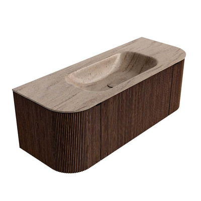 MONDIAZ KURVE-DLUX Meuble de salle de bains 120cm arrondi à gauche + à droite couleur Walnut avec 1 tiroir et 2 portes. Lavabo BIG SMALL Central 1 trou de robinet Saba.