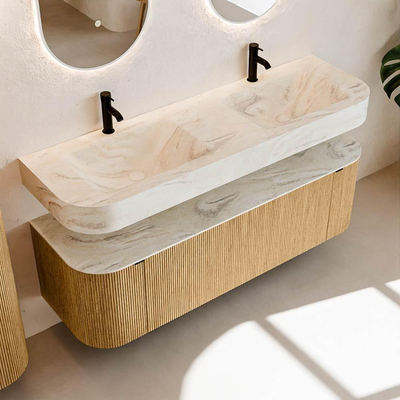 MONDIAZ THOR-DLUX 150cm meuble de salle de bains arrondi gauche + droite couleur Oak avec 1 tiroir et 2 portes. Vasque suspendue CLOUD Double 2 trous de robinet couleur Ostra.