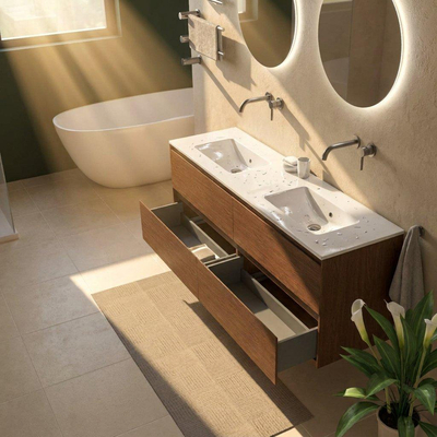 Saniclass Holz Pure Ensemble de meubles de salle de bains - 160x45x62cm - lavabo Vygo en céramique blanc - 2 vasques - sans trous de robinetterie - 4 tiroirs - walnut pure mat (bois)