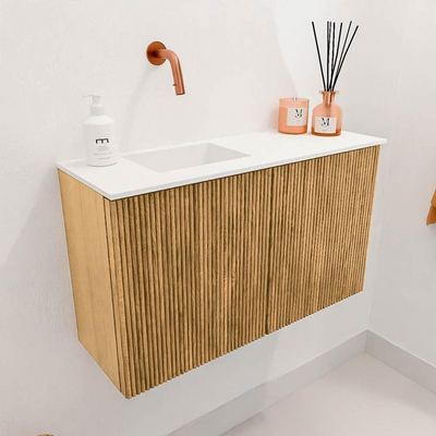 Mondiaz JOYA 70cm toiletmeubel - kleur Oak - Wastafel FAYE positie Links Zonder kraangat kleur Talc.
