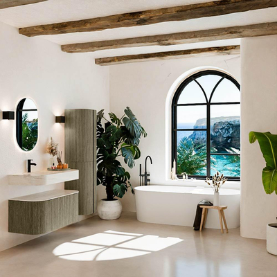 MONDIAZ THOR-DLUX 100cm meuble de salle de bains arrondi gauche + droite couleur Shadow avec 1 tiroir et 2 portes. Vasque suspendue CLOUD Gauche 1 trou de robinet couleur Meli.