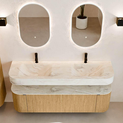 MONDIAZ THOR-DLUX 160cm badmeubel ronding links + rechts kleur Oak met 1 lade en 2 deuren. Vrijhangende wastafel CLOUD Dubbel 2 kraangaten kleur Ostra.