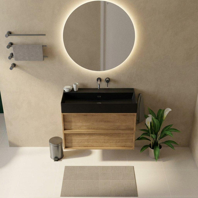 Saniclass Holz Frame Ensemble de meubles de salle de bains - 100x45x72cm - Plan vasque Legend en céramique noir mat - 1 vasque - sans trou de robinet - 2 tiroirs - chêne natural mat (bois)