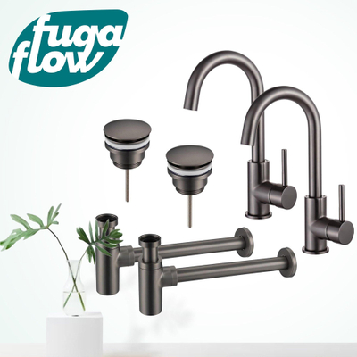 FugaFlow Eccelente Sobrado Badkamer Wastafelkraanset - voor dubbele wastafel - hoge wastafelkraan - draaibare uitloop - klikwaste plug - design sifon - PVD Gepolijst Gunmetal - Black Friday -