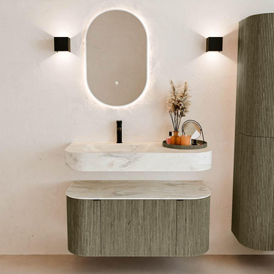 MONDIAZ THOR-DLUX 100cm meuble de salle de bains arrondi gauche + droite couleur Shadow avec 1 tiroir et 2 portes. Vasque suspendue CLOUD gauche 1 trou de robinet couleur Ostra.