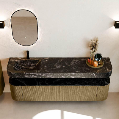 MONDIAZ THOR-DLUX Meuble de salle de bains 190cm arrondi gauche + droite couleur Dusk avec 2 tiroirs et 2 portes. Vasque suspendue CLOUD Gauche 1 trou de robinet couleur Lava.