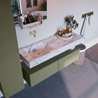 MONDIAZ ALAN - DLUX Ensemble de meuble de salle de bain - 130cm - meuble bas - Army - 2 tiroirs - lavabo suspendu - vasque à gauche - 0 trous de robinet - Glace
