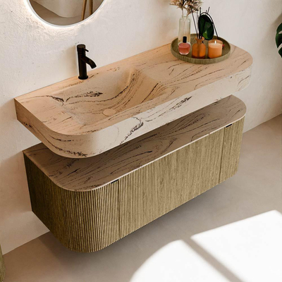 MONDIAZ THOR-DLUX 120cm meuble de salle de bains arrondi gauche + droite couleur Dusk avec 1 tiroir et 2 portes. Vasque suspendue CLOUD Gauche 1 trou de robinet couleur Arena.