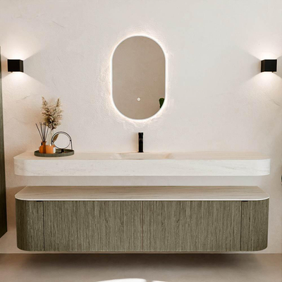 MONDIAZ THOR-DLUX 200cm meuble de salle de bains arrondi gauche + droite couleur Shadow avec 2 tiroirs et 2 portes. Vasque suspendue CLOUD Milieu 1 trou de robinet couleur Meli.