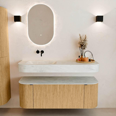 MONDIAZ THOR-DLUX Meuble de salle de bains 130cm arrondi gauche + droite couleur Chêne avec 1 tiroir et 2 portes. Vasque suspendue CLOUD Gauche sans trou de robinet couleur Opalo.