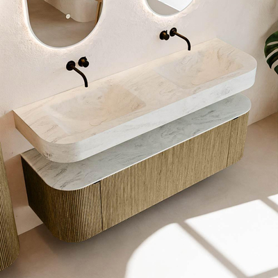 MONDIAZ THOR-DLUX 150cm meuble de salle de bains arrondi gauche + droite couleur Dusk avec 1 tiroir et 2 portes. Vasque suspendue CLOUD Double sans trou de robinet couleur Opalo.