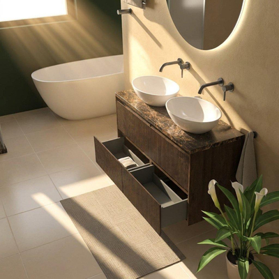 Saniclass Holz Atelier Ensemble de meubles de salle de bains - 120x45x63cm - Plan en pierre naturelle Noche dark emperador - sans trou de robinet - 2 tiroirs - chêne charcoal mat (bois)