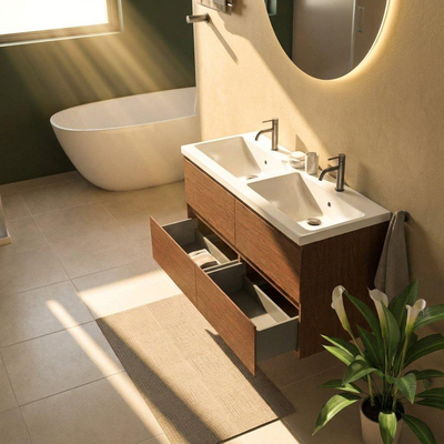 Saniclass Holz Pure Ensemble de meubles de salle de bains - 120x45x63.5cm - Lavabo en céramique Bari blanc - 2 vasques - 2 trous de robinetterie - 4 tiroirs - walnut pure mat (bois)