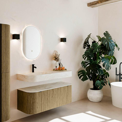 MONDIAZ THOR-DLUX Meuble de salle de bains 120cm arrondi gauche + droite couleur Dusk avec 1 tiroir et 2 portes. Vasque suspendue CLOUD Gauche 1 trou de robinet couleur Ostra.