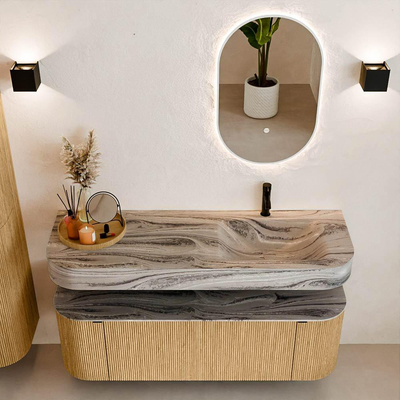 MONDIAZ THOR-DLUX 140cm badmeubel ronding links + rechts kleur Oak met 1 lade en 2 deuren. Vrijhangende wastafel CLOUD Rechts 1 kraangat kleur Sombra.