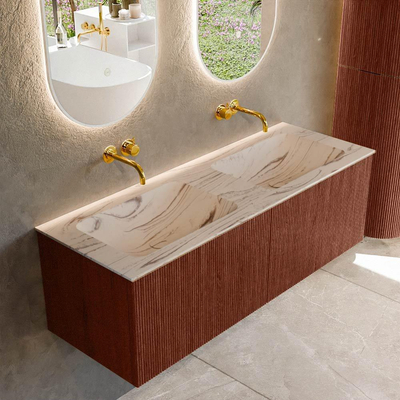 MONDIAZ KURVE-DLUX 130cm badmeubel kleur Ruby met 2 lades en 0 deuren. Wastafel LEAF Dubbel zonder kraangat Nata.