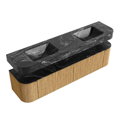 MONDIAZ THOR-DLUX Meuble de salle de bains - 190cm - arrondi gauche + droite - couleur Oak - 2 tiroirs et 2 portes - Vasque suspendue CLOUD Double sans trou de robinet - couleur Lava