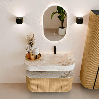 MONDIAZ THOR-DLUX 100cm meuble de salle de bains arrondi gauche + droite couleur Oak avec 1 tiroir et 2 portes. Vasque suspendue CLOUD Droite 1 trou de robinet couleur Frappe.