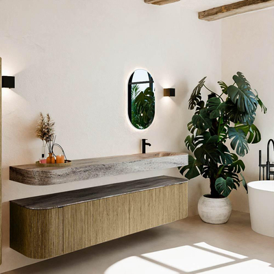 MONDIAZ THOR-DLUX Meuble de salle de bains - 200cm - arrondi gauche + droite - couleur Dusk - 2 tiroirs et 2 portes - Vasque suspendue CLOUD droite 1 trou de robinet - couleur Oza