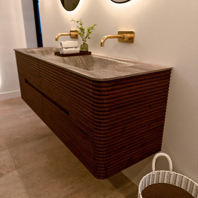 Mondiaz CIRO-DLUX Badkamermeubelset - 150x45x50cm - Solid surface wastafel Oza - 2 wasbak Dubbel - zonder kraangaten - 4 lades - Ruby