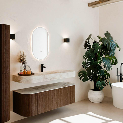 MONDIAZ THOR-DLUX 140cm meuble de salle de bains arrondi gauche + droite couleur Walnut avec 1 tiroir et 2 portes. Vasque suspendue CLOUD Milieu 1 trou de robinet couleur Frappe.