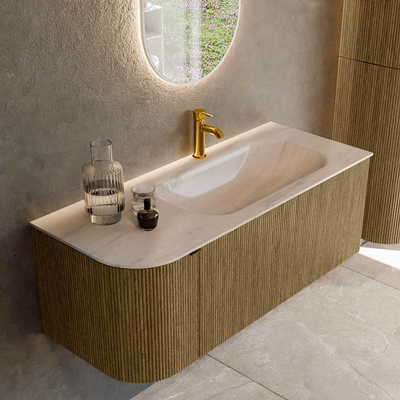 MONDIAZ KURVE-DLUX Meuble de salle de bains 115cm arrondi à gauche couleur Dusk avec 1 tiroir et 1 porte. Lavabo BIG SMALL à droite 1 trou de robinet Meli.