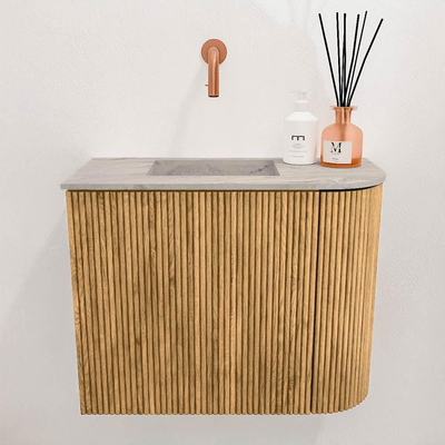 Mondiaz JOYA-DLUX 51.6cm toiletmeubel - ronding rechts kleur Oak - Wastafel FAYE positie Links Zonder kraangat kleur Glace.