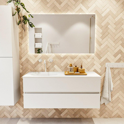 MONDIAZ VICA meuble sous lavabo 120cm Talc 2 tiroirs. Lavabo MOON gauche 1 trou de robinet, couleur Talc.