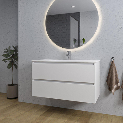 Saniclass Chaci Meuble de salle de bain - 100x46x55cm - lavabo en céramique blanc - 1 vasque - 1 trou de robinet - 2 tiroirs - ronde miroir avec éclairage - blanc mat