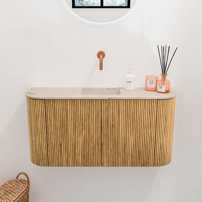 Mondiaz JOYA-DLUX 83.2cm toiletmeubel - ronding links en rechts kleur Oak - Wastafel FAYE positie Midden Zonder kraangat kleur Frappe.