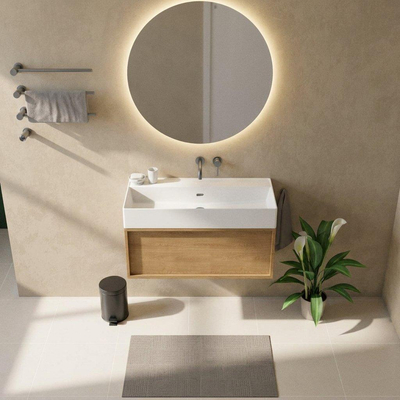 Saniclass Holz Frame Badkamermeubelset - 100x45x52cm - Legend keramische wastafel mat wit - 1 wasbak - zonder kraangat - 1 lade - mat eiken natural (hout)